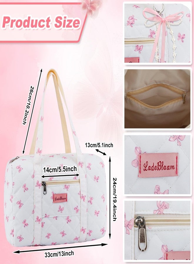 Lebaley Coquette Bag with Ribbon Pearl Bow - Pink Bow Tote Bags Cute Travel Bag,Floral Quilted Duffle Bags for Women Girls,Coquette Aesthetic Y2K Girls Dance Bag,Weekend Bags for Travel Trip Work - Image 2